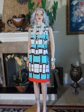 Etro Milano Turquoise Geometric Print Cotton Sheath Dress IT 44 US 8